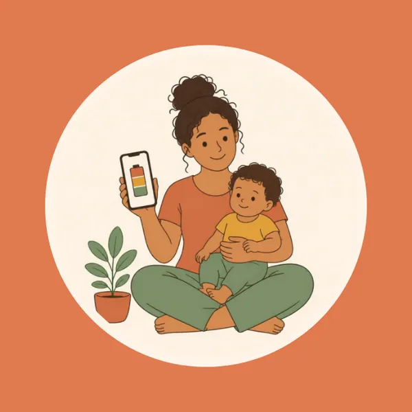 Ilustração do grupo das compradoras: uma mãe com o filho no colo segurando o celular