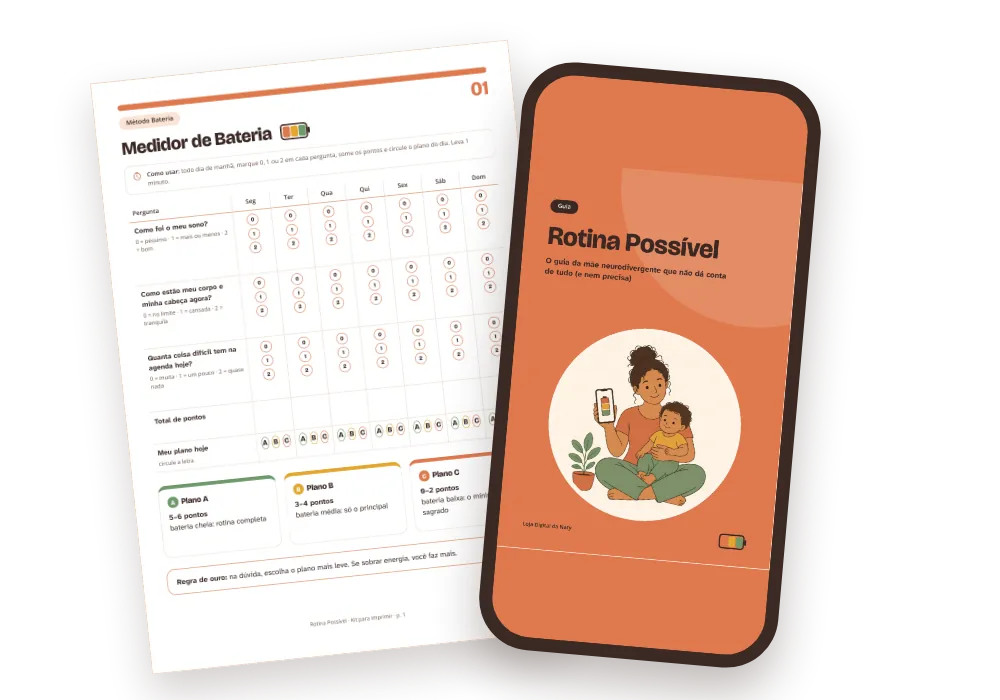 O guia Rotina Possível aberto no celular e a folha Medidor de Bateria do kit pra imprimir